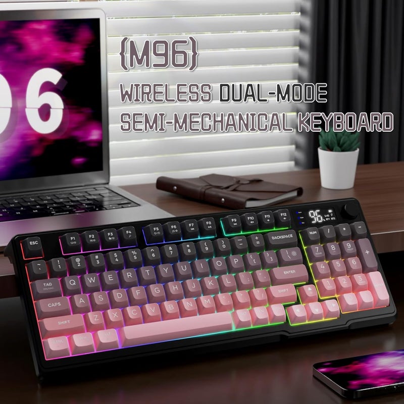 LexonElec M96 Wireless Keyboard, Low Profile Quiet Typing Membrane Gaming Keyboard with Smart Display & Knob, RGB Backlit, USB C Rechargeable, 94 Keys PBT Keycap for Windows PC, Mac, Linux-BlackBerry - Image 2